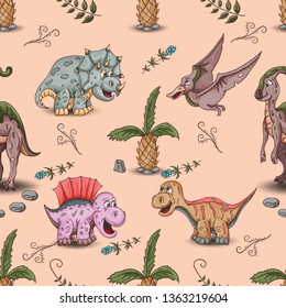 color illustration of a seamless pattern of little dinosaurs and trees, plants, rocks, for registration of a design in Doodle style vector