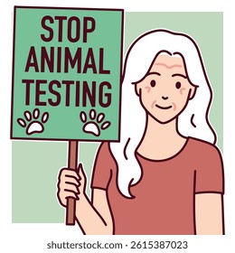 Color illustration of a senior old woman holding a protest sign that says stop animal testing, symbolizing activism, compassion, and ethical treatment of animals