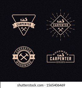 Color illustration set of carpenter logos on a background with texture. Vector illustration of a planer, crossed hammers, banner with tect and rays. Professional carpenter services