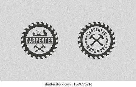 Color illustration set of carpenter logos on a background with texture. Vector illustration of a planer, circular saw, crossed hammers and chain with text. Professional carpenter services.