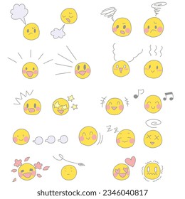 Conjunto de ilustraciones de color que combina varias notas cómicas con iconos de la cara
