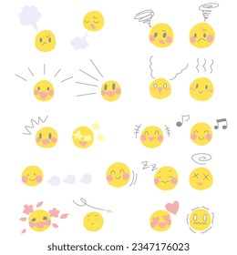 Conjunto de ilustraciones de color que combina varias notas cómicas con iconos de la cara
