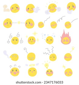 Conjunto de ilustraciones de color que combina varias notas cómicas con iconos de la cara