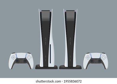 Color illustration of set game console with wireless gamepad. Vector set of two consoles flat and slim version with joysticks isolated on gray background.. svg