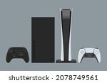 Color illustration of set game consoles with wireless gamepads. Vector set of two modern consoles with joysticks isolated on gray background.