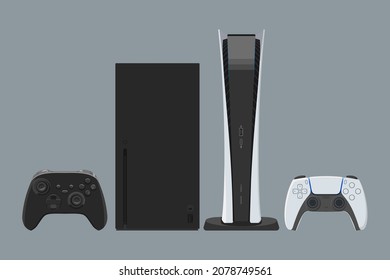 Color illustration of set game consoles with wireless gamepads. Vector set of two modern consoles with joysticks isolated on gray background.