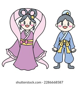 Color illustration set of Orihime and Hikoboshi with 4 heads