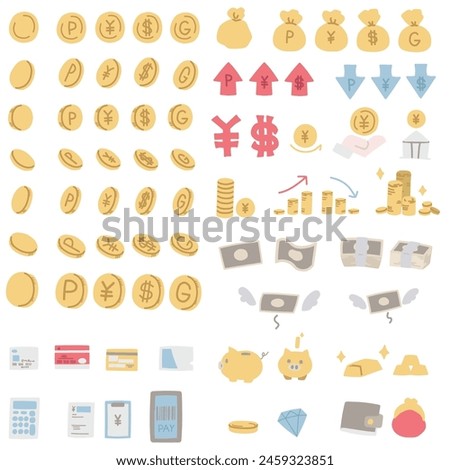 Color illustration set of small illustrations of coins, banknotes, and other small items with the image of money.
