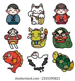 Color illustration set of smiling New Year's accessories Year of the Dragon