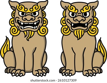 Color illustration of a set of two pairs of "Shisa," traditional Okinawan ornaments to ward off evil spirits.
