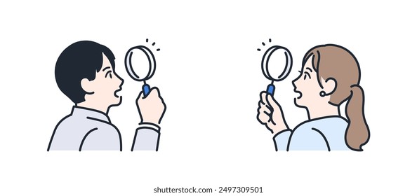 Color illustration set of a young business person looking through a magnifying glass