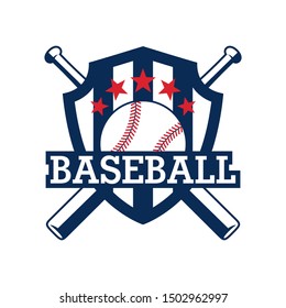  Color illustration of a shield, bat, baseball and text. Vector illustration on a sports theme. Baseball club emblem