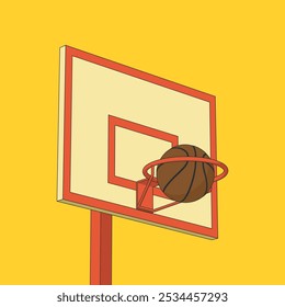 Color illustration of a shield with a ring and a basketball on a yellow background. Vector graphics. Stylized image on a sports theme is made for a logo, icon, poster, banner. Sports equipment.