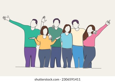 Color illustration of six best friends posing. Friendship Day one-line drawing