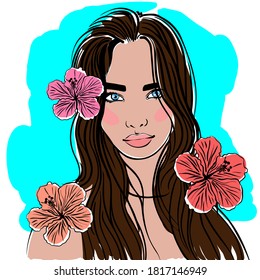 color illustration in the sketch style with the image of a beautiful girl with long hair. A drawing drawn by hand. 