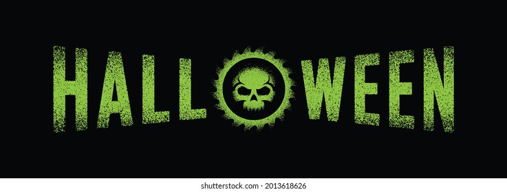 Color illustration of a skull, circular saw, text on a black background. Design element for poster, print, sticker, emblem. Vector illustration. Halloween symbolism.