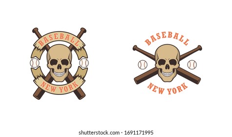Color illustration of a skull, crossed baseball bats and ball with text on a white background. Vector illustration on the theme of sports and baseball.
