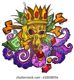 Color illustration with a skull in the crown, money and leaves. A sketch of a tattoo.