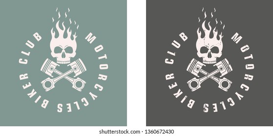 Color illustration of a skull in fire and pistons with text