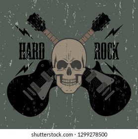 Color illustration of a skull with guitars on the background.