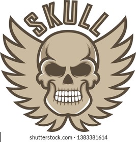 Color illustration of a skull with wings and text. Illustration for tattoo and stickers