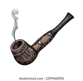 Color Illustration of smoking pipe in engraving style. Tube for smoking tobacco. Design element for logo, label, sign, poster, t shirt. Vector illustration on white background