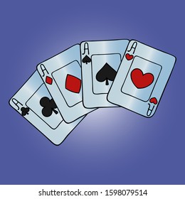 Color illustration of a square of aces. Face. Divination. Show magic tricks. Play the fool and poker. Gambling Vector. Violet background.