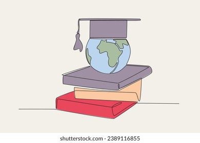 Color illustration of a stack of books, globes and graduation caps. International day of education one-line drawing