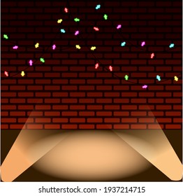 color illustration, stage with brick background and lights