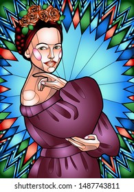 color illustration in stained Glass style depicting a young beautiful girl with a traditional Mexican hairstyle