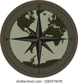 Color illustration of a star with sides of the world. Map of the globe and a rope