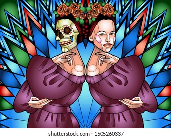 color illustration in the style of stained Glass depicting a beautiful girl with a skull instead of a face, a symbol of the traditional Mexican holiday Day of the dead and day of angels