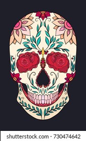 Color illustration of a sugar skull. The holiday of the Day of the Dead. Vector element for tattoo, print for t-shirt, greetong card your creativity