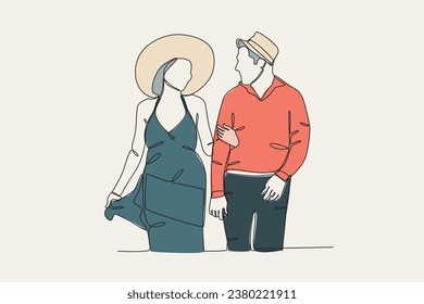 Color illustration of a summer honeymoon couple. Honeymoon one-line drawing