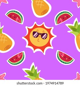 Color illustration of sun, watermelon, pineapple and starfish. Idea for website 
design, for blogs, for print.