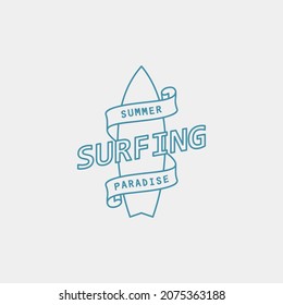 Color illustration of surfboard, ribbon with text on background. Designer element for poster, emblems, print, label and stickers. Vector illustration. Surfing symbolism.