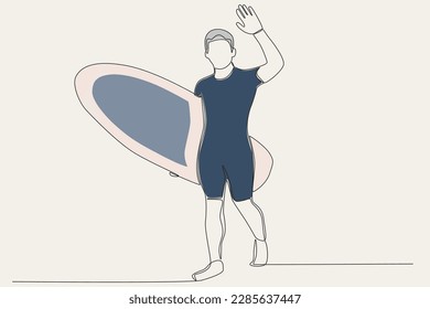 Color illustration of a surfer greeting his friend. Surfing one-line drawing