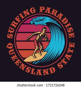 Color illustration of a surfer in vintage style. This design is perfect for logos, shirt prints and many other uses as well.