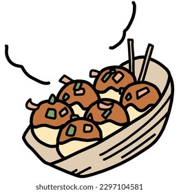 Color illustration of takoyaki with 6 hot octopus balls.