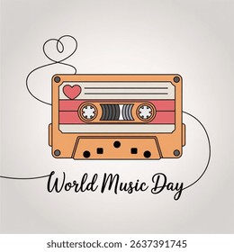 Color illustration of a tape with a love icon. World music day one-line drawing. World music day concept. Vector art design isolated on white background.
