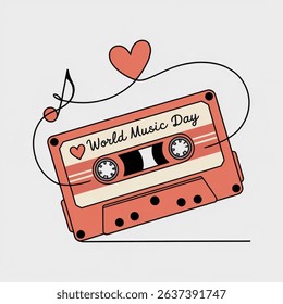 Color illustration of a tape with a love icon. World music day one-line drawing. World music day concept. Vector art design isolated on white background.
