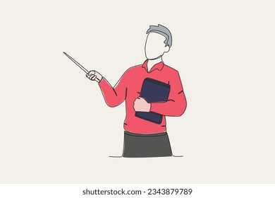 Color illustration of a teacher pointing at the blackboard. World teacher day one-line drawing