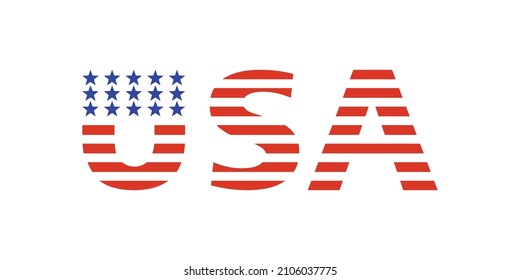 Color illustration text, flag on a white background. Design element for poster, banner, emblem, sticker, print, badge. Vector illustration. Symbols of the USA.