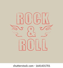 Color illustration text rock and roll with fire. Vector illustration of grunge text, fire on a colored background.