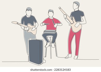 Color illustration of three boys playing musical instruments. Music band one-line drawing