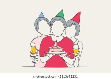 Color illustration of three friends celebrating a birthday. Birthday party one-line drawing