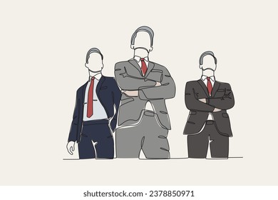 Color illustration of three male leaders. Corporate leader one-line drawing