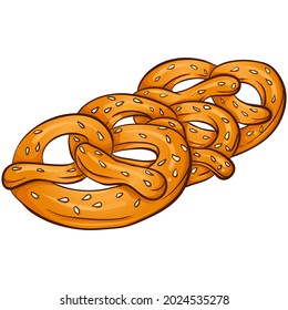 Color illustration three pretzels with sesame seed. Elements of the Oktoberfest beer festival. Hand drawn vector illustration isolated on white background