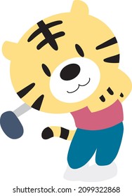A color illustration of a tiger playing golf without lines. 
