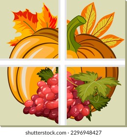 Color illustration for tiles.Vector decor with pumpkin, grapes and autumn leaves for tiles.